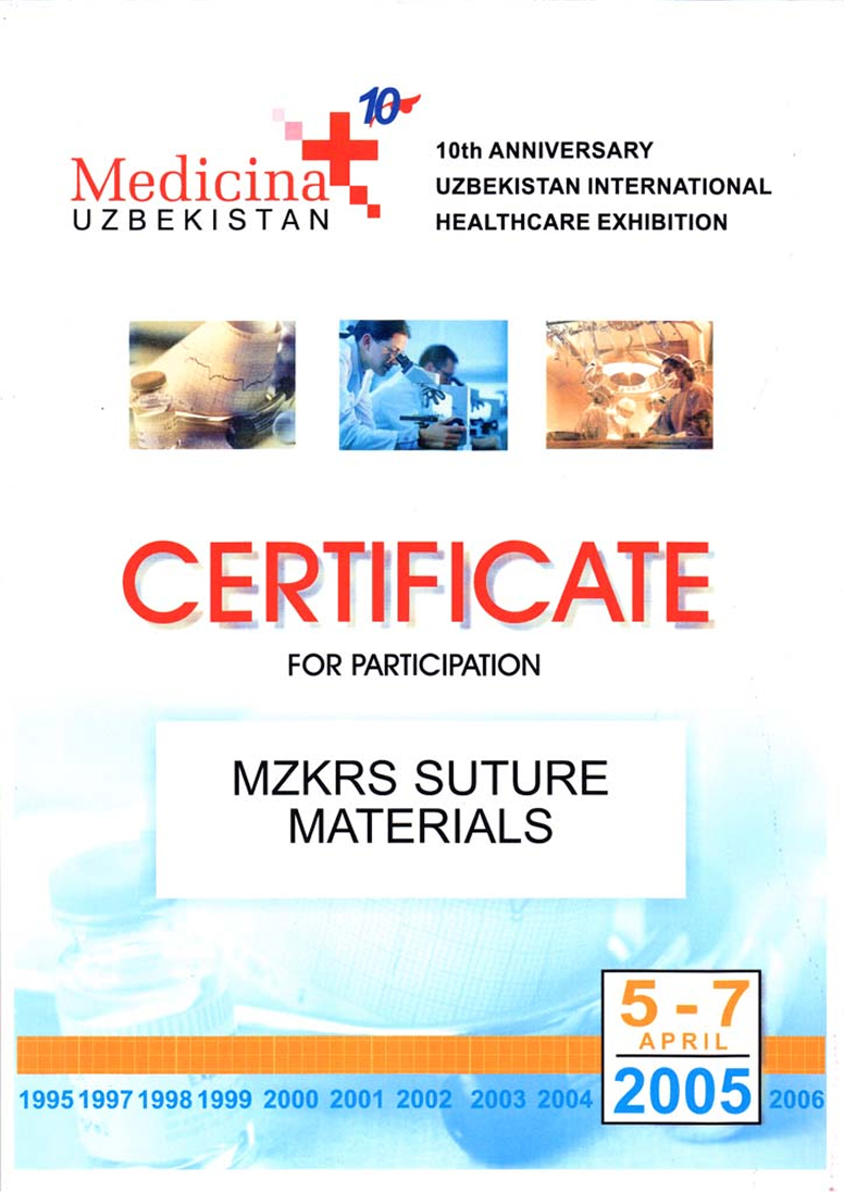 Certificate for the participation in 10th anniversary Uzbekistan international healthcare exhibition Certificate for the participation in 10th anniversary Uzbekistan international healthcare exhibition
